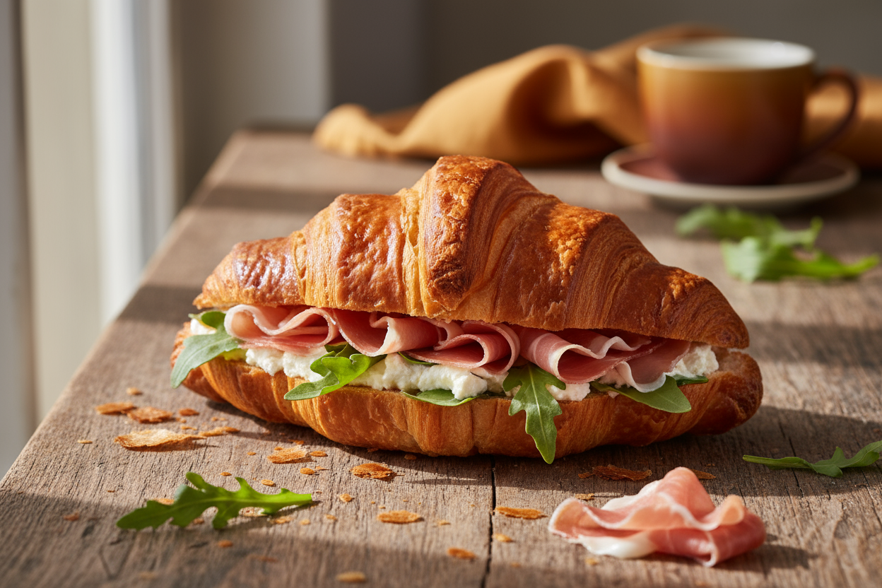 generame una foto similar a la del croissant jamon queso, pero que sea relleno de proscuitto, queso crema y rucula, sobre una mesa, sin plato, aesthetic