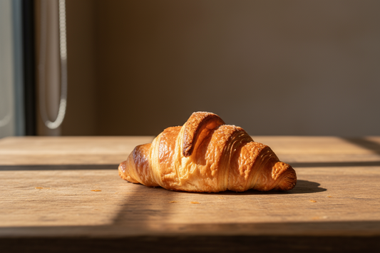 Croissant sobre mesa sin plato, aesthetic