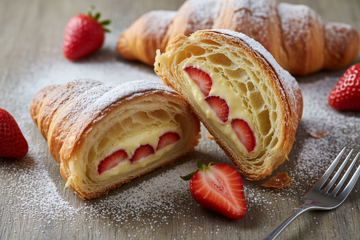 en el mismo estilo, generame un croissant relleno con crema pastelera y frutillas