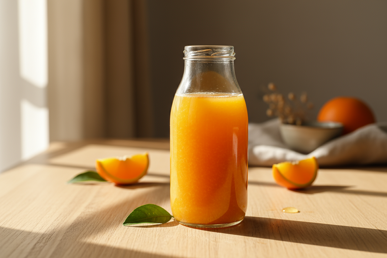 muestrame una imagen de una botella de 300 ml de jugo de naranja recien exprimido, en un frasco de vidrio, sobre una mesa, sin plato, foto aesthetic