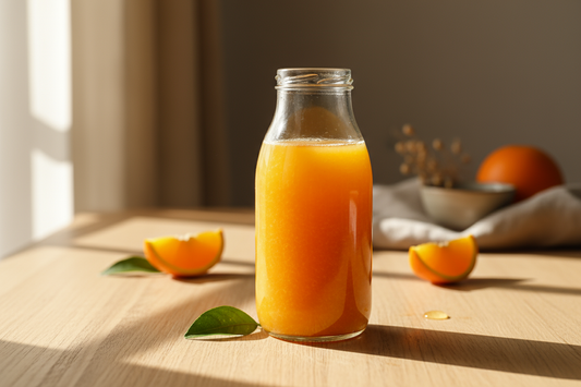 muestrame una imagen de una botella de 300 ml de jugo de naranja recien exprimido, en un frasco de vidrio, sobre una mesa, sin plato, foto aesthetic