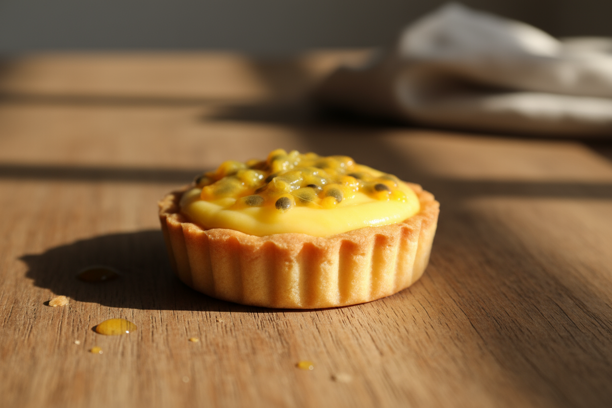 tartaleta individual de maracuyá, sobre una mesa sin plato, aesthetic